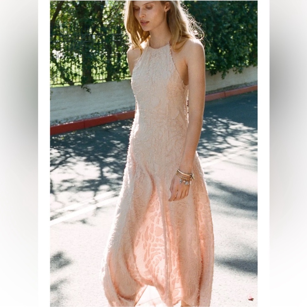 NWT Zara Wedding Guest Midi Halter Dress Fringe Detail Size Small Beige-Pink
